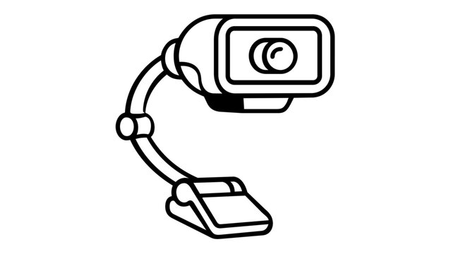 Minimalist black and white vector illustration of a modern computer webcam with a flexible neck and clip-on base, ideal for video calls, streaming, and technology-themed graphic design projects.