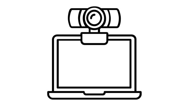 Professional minimalist black and white vector icon illustration of a webcam mounted on a computer monitor screen, ideal for technology, video conferencing, and digital communication projects.