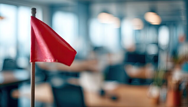 Red Flag on a Pole in a Blurred Office Environment.