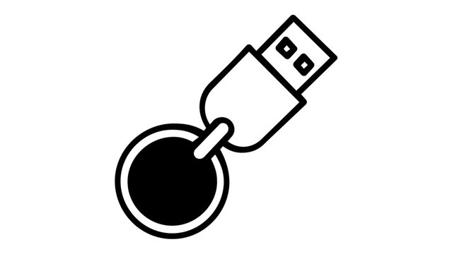 Minimalist black and white vector icon illustration of a USB flash drive or hardware security key on a keychain, perfect for technology, data storage, and cybersecurity design projects.