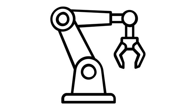Industrial robotic arm vector icon illustration for manufacturing and automation. Minimalist line art of a mechanical arm with a gripper for smart factory, engineering, and technology concepts.