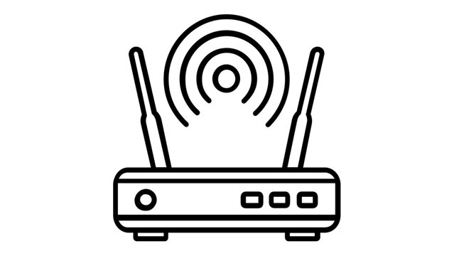 Wireless Wi-Fi router vector icon illustration. Minimalist black line art of a network modem with two antennas and signal waves. Scalable flat design for internet connectivity and technology.