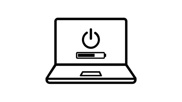 Laptop computer vector icon featuring a power button symbol and battery charging progress bar on the screen. Minimalist flat line illustration for technology, energy, and hardware concepts.