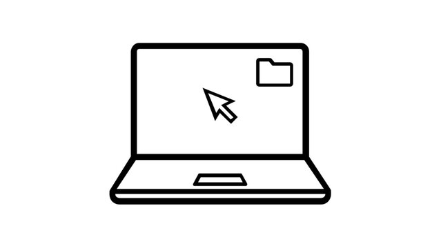 Minimalist vector icon illustration of a laptop computer featuring a mouse cursor arrow and a digital folder on the screen, symbolizing technology, computing, data management, and software.