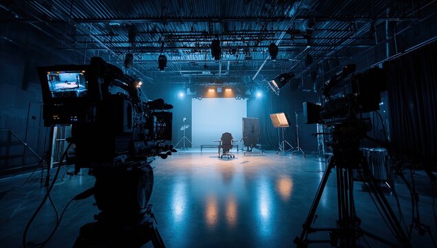 Professional Television Studio with Cameras and Lighting Setup.