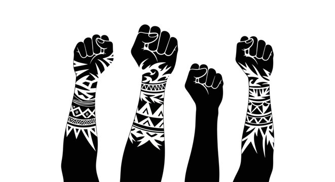 Raised clenched fists with tribal tattoo patterns representing strength and unity