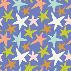 A cute seamless pattern with multicolored stars on a blue background. Perfect for children's designs.