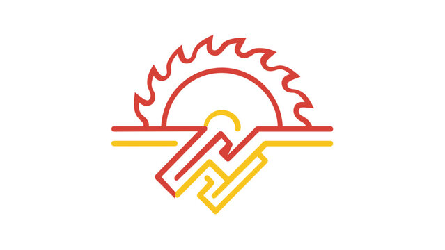 Minimalist vector icon illustration featuring a circular saw blade and a wrench in vibrant red and yellow line art, ideal for construction, carpentry, industrial repair, and DIY workshop projects.