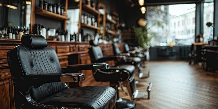 Interior of a vintage barbershop with rows of classic barber chairs and shelves stocked with grooming products.