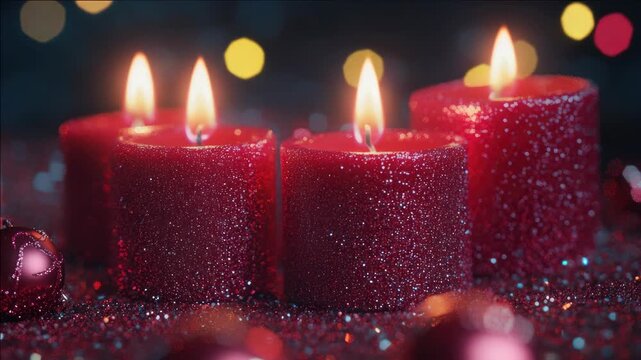 Red candles lit in a row, creating a warm and festive atmosphere.