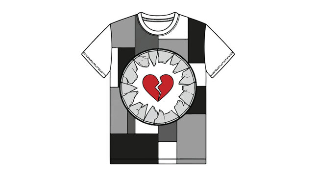 Stylish patchwork t-shirt design with exploding broken red heart graphic for emotional themes and modern apparel mockups with t shirt with mock up