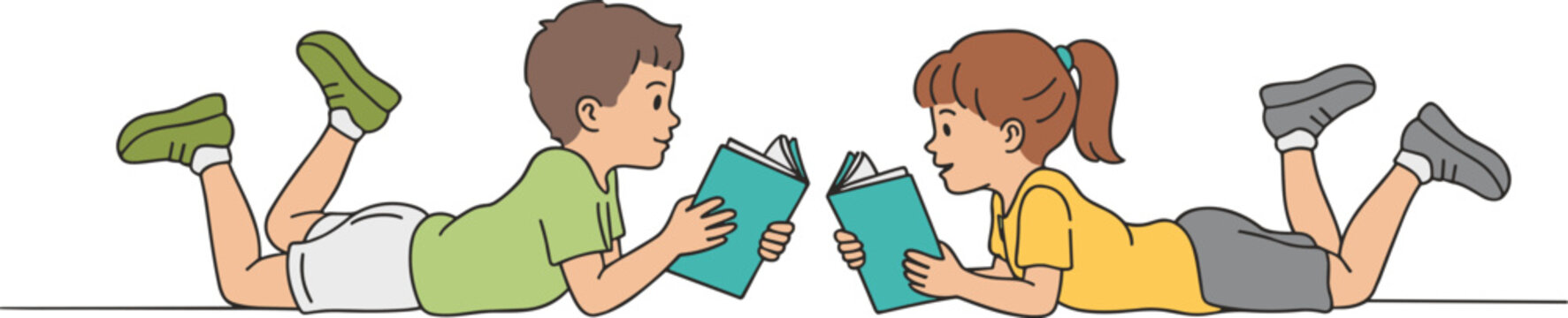Two Children Reading Books Together Lying Down kids