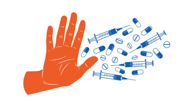 Hand stopping drug abuse with syringes and pills.