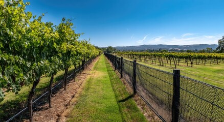 Fototapeta premium Vineyard Landscape with Rows of Grapes Under a Clear Blue Sky.