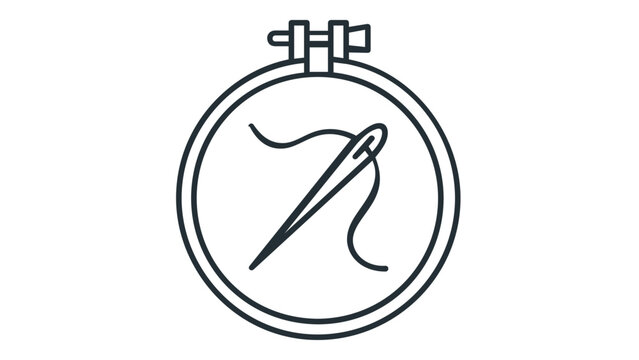 Minimalist embroidery hoop with needle and thread vector icon illustration for sewing, needlework, and handmade craft projects, scalable flat design for DIY hobby and creative art concepts.