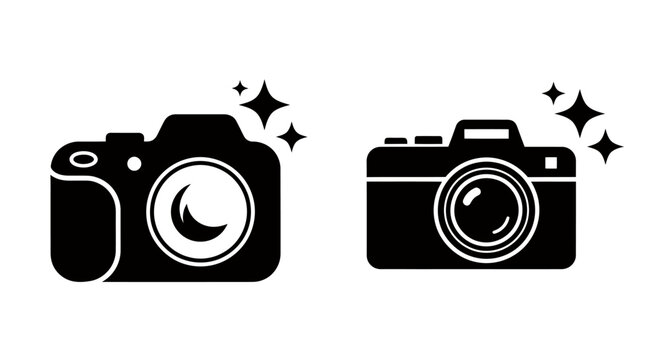 Two Camera Icons with Sparkles: A Minimalist Graphic Illustration for Photography Theme.