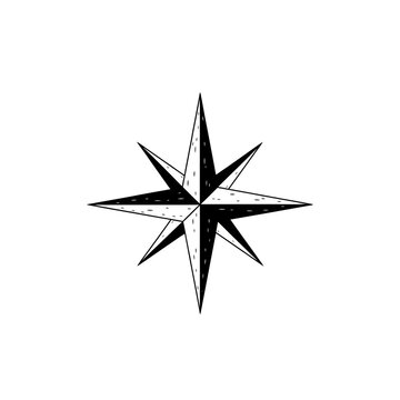 Intricate hand-drawn eight-pointed star design, a classic compass rose icon in monochrome, symbolizing guidance and exploration