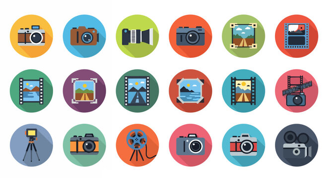 Collection of colorful circular camera icons and badge designs for graphic resources and illustration styles.