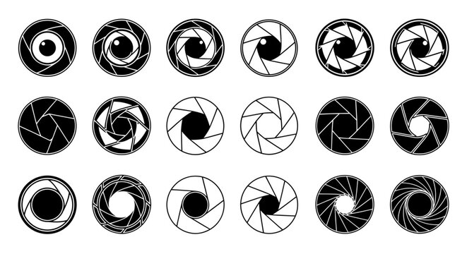 Array of Aperture Icons Exhibiting Circular Shutter Patterns and Monochrome Geometry for Graphic Design Resources.