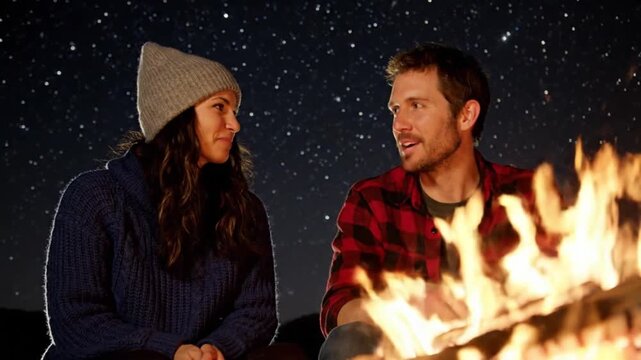 Young Couple Laughing and Talking by Campfire Under Starry Night Sky