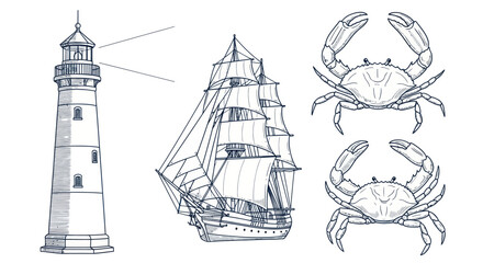 Nautical elements: lighthouse, sailing ship, and crabs © Parade