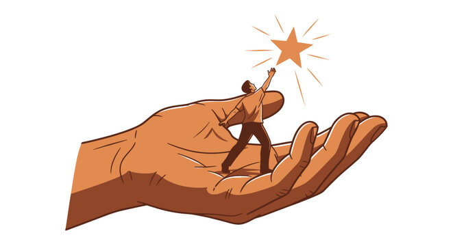 Man on a helping hand reaches for a glowing star, symbolizing ambition and support.