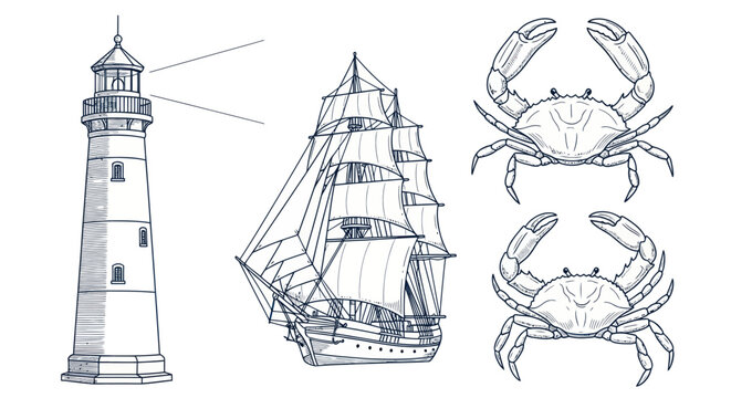 Nautical elements: lighthouse, sailing ship, and crabs