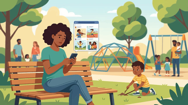 Sad Mother Comparing Her Life to Social Media in the Park