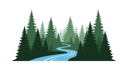Obraz premium A winding river through a dense pine forest illustration.