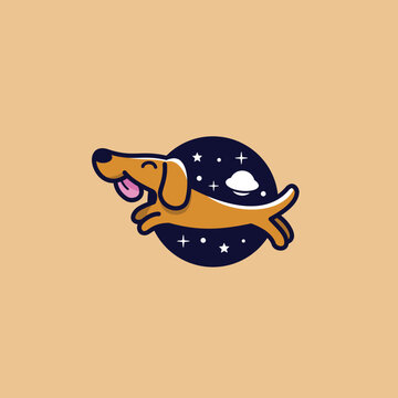 a cute and smiling dog flying through space logo