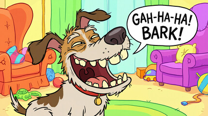 Fototapeta premium Cartoon dog laughing out loud with speech bubble. Funny brown and white pet character in colorful living room