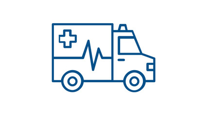 Naklejka premium Blue paramedic transit van for urgent clinical assistance and hospital evacuation; scalable flat vector graphic featuring cardiology symbols and medical cross for wellness platforms.