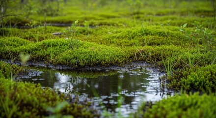 Fototapeta premium Vibrant Verdant Wetland Sphagnum Moss Habitat Water Reflection and Biodiversity in Temperate Marsh Ecosystems Woodland Floor Covering Thriving Flora in Natural Environment