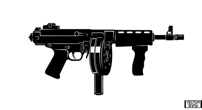 Silhouette of a vintage submachine gun with drum magazine