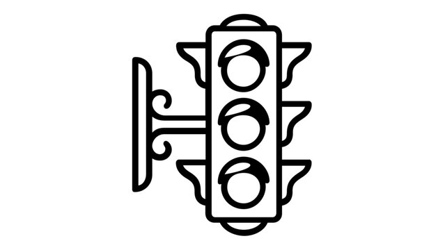 Minimalist black and white traffic light vector icon illustration. Scalable flat line art design of a street signal with three lights and decorative wall mount for urban transport concepts.