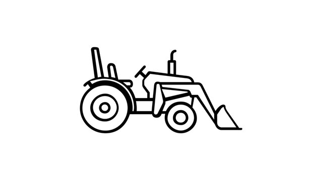 Minimalist line art vector icon illustration of a tractor with a front loader bucket attachment, ideal for agricultural, farming, construction, and industrial vehicle design projects. Scalable.