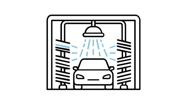 Professional automatic car wash vector icon illustration featuring a vehicle being cleaned with rotating brushes and overhead water sprayers in a service station, minimalist line art for auto care.