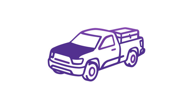 Modern pickup truck vector icon illustration with a toolbox in the cargo bed, featuring a vibrant purple gradient line art style. Minimalist flat design for automotive and transport themes.