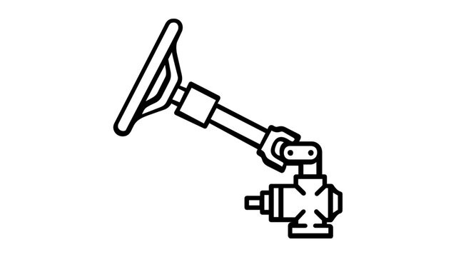 Steering Column and Wheel Vector Icon Illustration. Detailed Line Art of Automotive Steering System Components Including Shaft, Universal Joint, and Gearbox for Car Repair and Engineering.