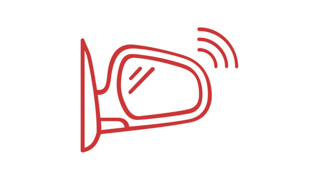 Red line icon of a car side-view mirror with blind spot monitoring or parking sensor signal waves, minimalist vector illustration for automotive safety technology and driver assistance systems.