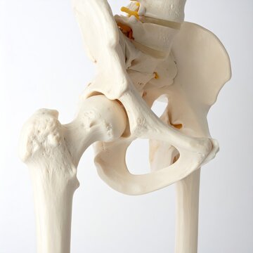 Human hip bone anatomy model depicting femur joint ilium ischium and spine in a detailed anatomical study