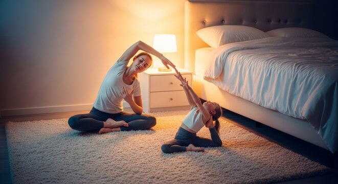 Restorative poses and gentle stretches occur on a soft rug next to a neat bed with white linens and warm ambient lighting for better sleep, interior, activity, bedtime