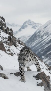 Snow leopard on snowy mountain slope