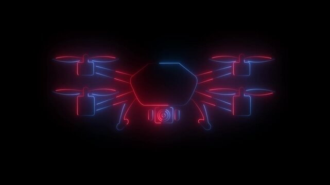 Glowing neon Drone icon animation on black background. Drone icon, remote control drone with action camera icon animation. Drone Icon with Neon Glow. Smart drone system icon. HD video. 4K video,......
