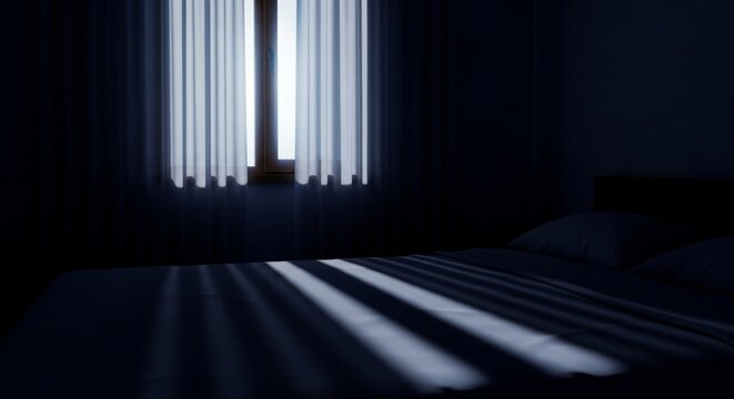 Soft moonlight filters through sheer white curtains into a dark bedroom, illuminating a window frame while deep shadows stretch over a bed, home, view, room