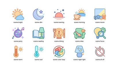 Fototapeta premium Minimalist icon set depicting daily scenes including evening, morning, dining, and relaxation