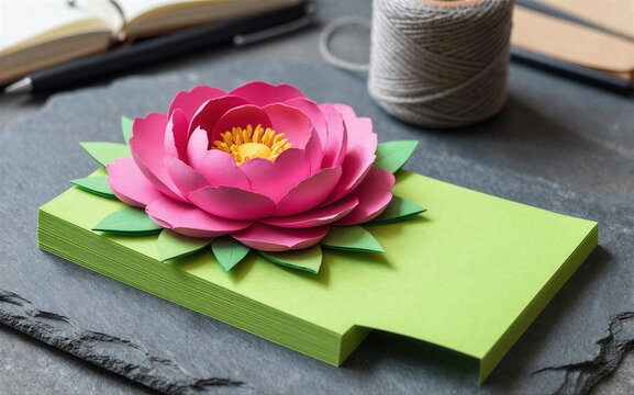 Pink paper flower atop green notepad crafty desk scene with yarn and