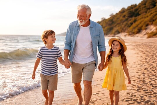 Grandfather walking with his grandchildren on the beach at sunset, concept of family love, generational bond, summer vacation, well-being, tenderness.