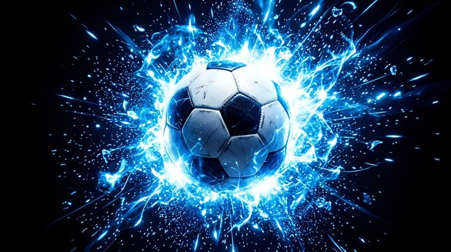 Electric soccer ball surrounded by dynamic blue energy sparks in motion