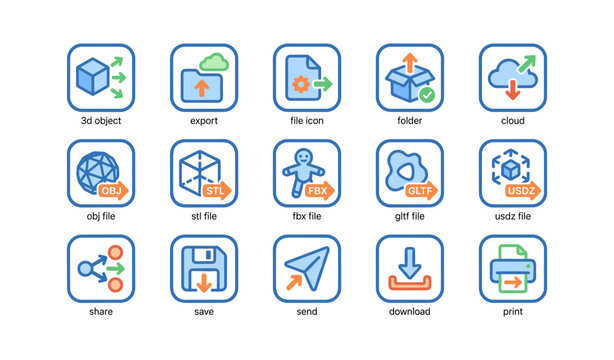 Icons for 3d object management: export, file formats, cloud storage, sharing, saving, downloading